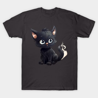 Black Kitten Cartoon Style T-Shirt